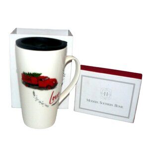 Peace On Earth Love Latte Mug w Lid 16 Oz Bone China Red Truck Design NIB NWT